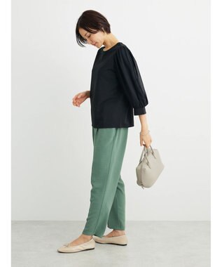 Green Parks 袖異素材使いリップルプルオーバー Black