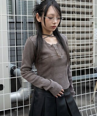 WEGO ヴィンテージウォッシュネックリボントップス ブラウン