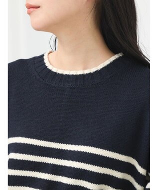 earth music&ecology ウォッシャブル脇スリットクルーネックプルオーバー Border Navy