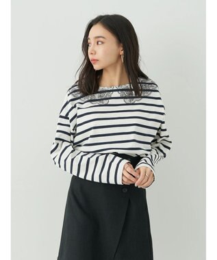 earth music&ecology レースプリントボーダープルオーバー Border Navy