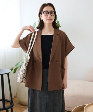 Green Parks 麻調合繊フレンチスリーブジャケット Brown