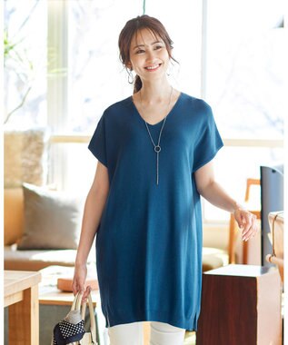 Tiaclasse L 【洗える】さらりと肌離れの良いフレンチスリーブニットチュニック ターコイズ