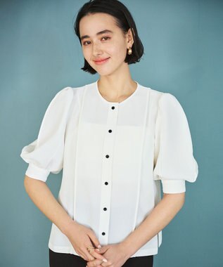 #Newans 【洗濯機可能/シワになりにくい】〈肩幅・二の腕が華奢見えする〉パフスリーブバイカラーブラウス ホワイト