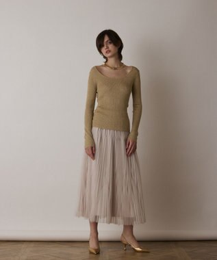 GRACE CONTINENTAL ラメリブクルーネックトップ ゴールド