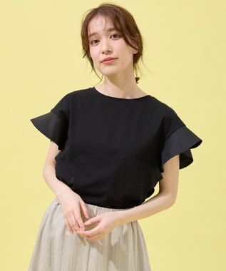 ANY 異素材コンビフリルスリーブプルオーバー ブラック