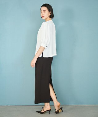 #Newans 【洗濯機可能/シワになりにくい】〈肩幅・二の腕が華奢見えする〉パフスリーブバイカラーブラウス ホワイト