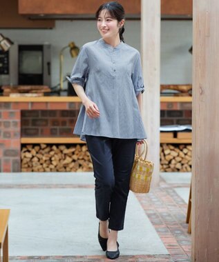 Tiaclasse 袖リボンストライプシャツチュニック ブルーストライプ