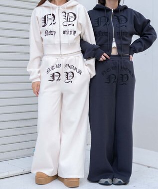 WEGO 【ウエストゴム】グラフィック刺繍裏起毛ワイドSWTパンツ ホワイトアイボリー