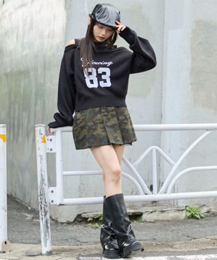 WEGO オープンショルダーナンバリングニット ブラック