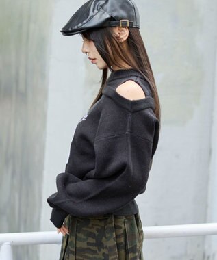 WEGO オープンショルダーナンバリングニット ブラック