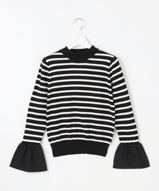 Feroux 【洗える】袖フレアボーダー ニット ブラック系1