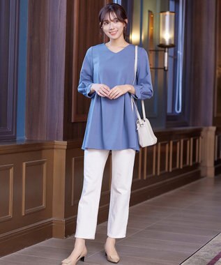 Tiaclasse 【ダブルストレッチ・洗える】バックベルトチュニックブラウス ブルー