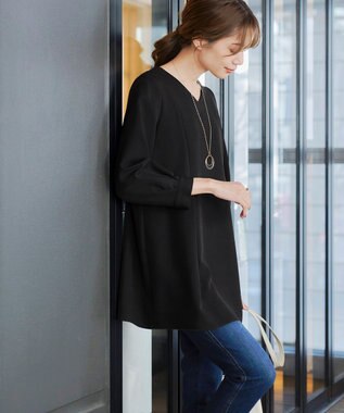 Tiaclasse 【ダブルストレッチ・洗える】バックベルトチュニックブラウス ブラック