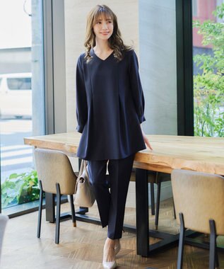 Tiaclasse 【ダブルストレッチ・洗える】バックベルトチュニックブラウス ネイビー