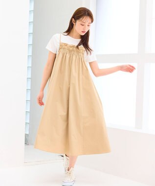 Feroux 【洗える】レイヤード風 ギャザーワンピース ベージュ系