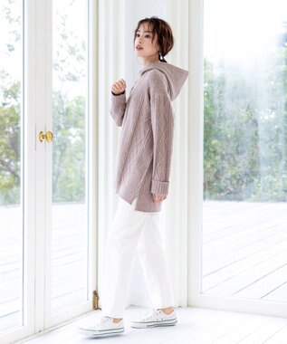 Tiaclasse 【洗える】アラン柄ニットパーカーチュニック ピンクモカ