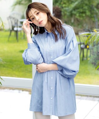 Tiaclasse 【洗える】パフ袖シャツチュニックブラウス サックスストライプ