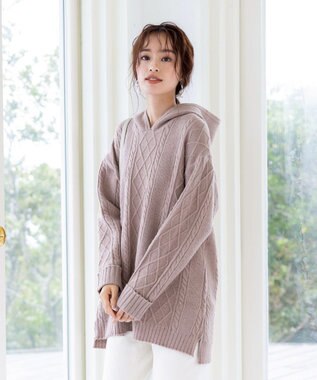 Tiaclasse 【洗える】アラン柄ニットパーカーチュニック ピンクモカ