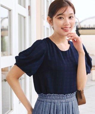 Tiaclasse 【洗える】ツイスト袖チェックブラウス ネイビー