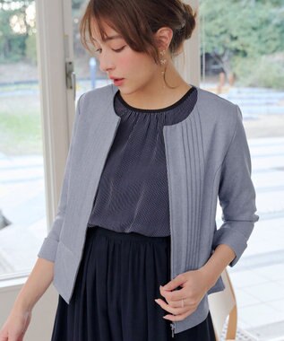 Tiaclasse L ピンタックノーカラージャケット サックスグレー