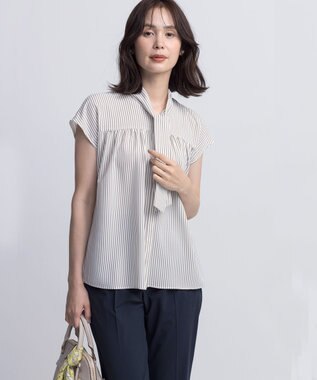組曲 L ライトデシンボウタイ ブラウス ベージュストライプ系1