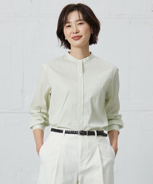 J.PRESS LADIES L 【洗える】BEZ VEGA バンドカラー ブラウス イエロー×ネイビー系