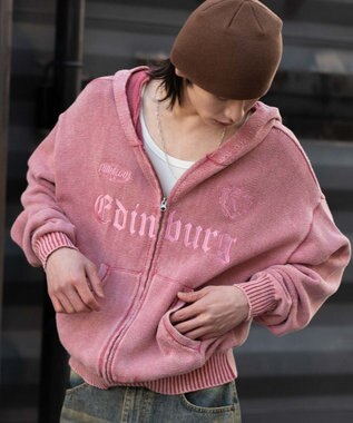 WEGO 【ユニセックス着用ITEM】ブリーチニットグラフィックZIPパーカー ピンク