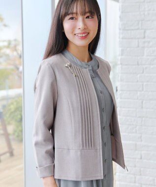 Tiaclasse L ピンタックノーカラージャケット グレージュ