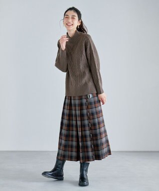 ANY L 【手洗い/ウエストゴム】チェック柄フリンジプリーツスカート グレー
