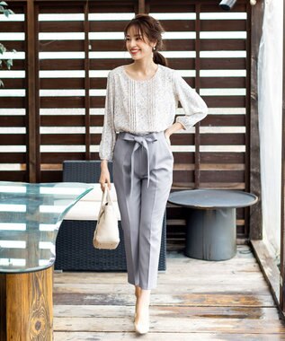 Tiaclasse L 【洗える】美脚効果も叶うリボン付きテーパードパンツ ブルー