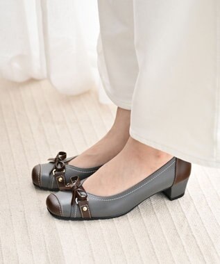Pointer 日本製 本革リボン付きパンプス グレー×ブラウン