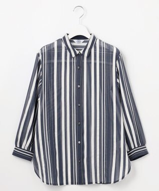 J.PRESS LADIES 【洗える】SHEER dobby ストライプ シャツカラー ブラウス ネイビー系1