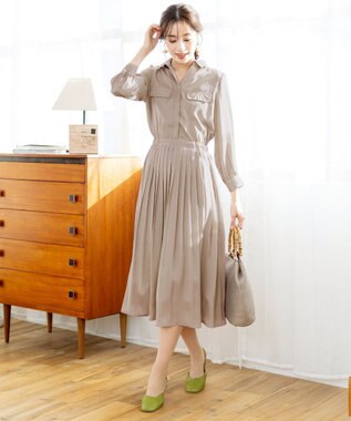 Tiaclasse L 【洗える】ヴィンテージサテンシャツワンピース グレージュ