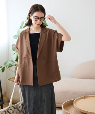 Green Parks 麻調合繊フレンチスリーブジャケット Brown