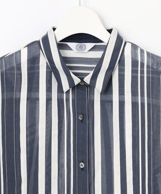 J.PRESS LADIES 【洗える】SHEER dobby ストライプ シャツカラー ブラウス ネイビー系1