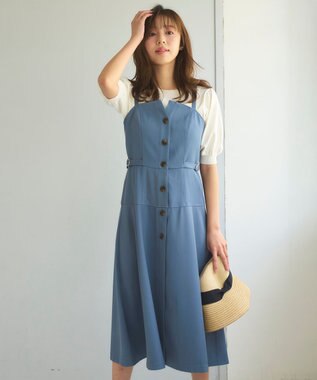 Feroux 【洗える】サイドベルト ジャンパースカート ネイビー系
