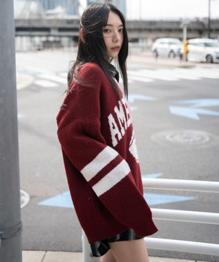 WEGO 【25年秋冬新作】フラッフィーVネックニットBIGプルオーバー ワイン