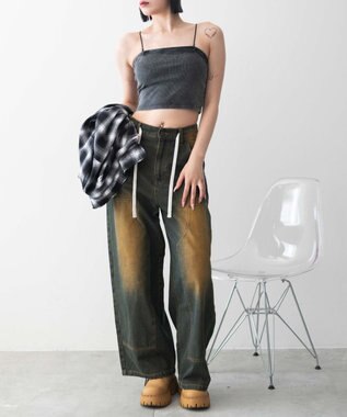 WEGO 【カップ付きインナー】ヴィンテージウォッシュカップインショートキャミ スミクロ