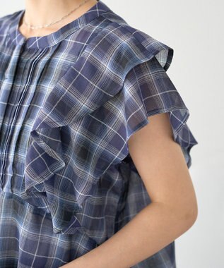 earth music&ecology チェックラッフルブラウス Navy