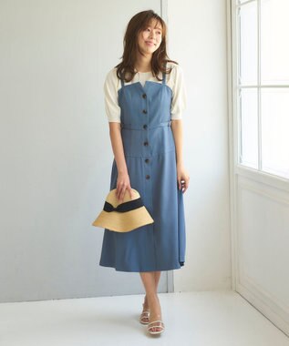 Feroux 【洗える】サイドベルト ジャンパースカート ネイビー系