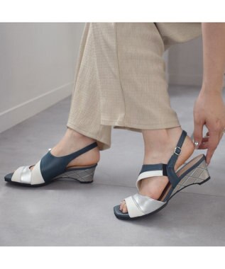 Pointer 日本製 本革ウエッジヒールサンダル ネイビー