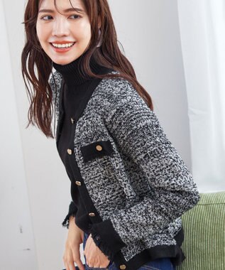 Tiaclasse 【洗える】ツイードニットカーディガン グレー