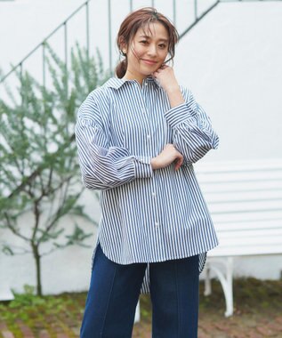 Feroux 【洗える】カラーストライプビッグ シャツ ブラック系1