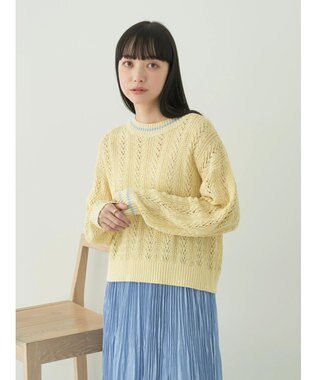 earth music&ecology ライン入り透かし編みニットプルオーバー Lemon Yellow