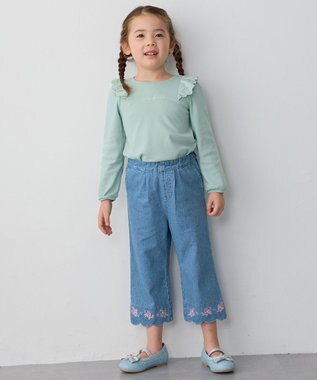 ANY KIDS スカラップ×刺繍デニムパンツ ブルー