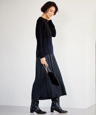 自由区 S 【洗える】セミウーステッドウールボートネック ニット ブラック×ダークネイビー