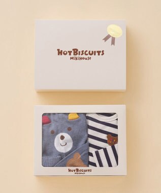 MIKI HOUSE HOT BISCUITS ボーダー柄長袖Tシャツ＆ベビースパッツギフトセット【BOX付き】 紺