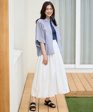 ANY 【手洗い可】コットンリネンブラウス オフ×ブルー