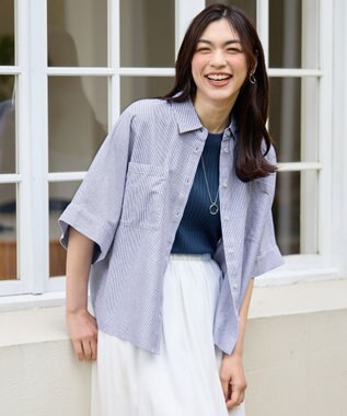 ANY 【手洗い可】コットンリネンブラウス オフ×ブルー