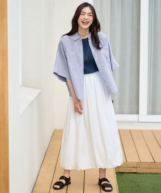 ANY 【手洗い可】コットンリネンブラウス オフ×ブルー